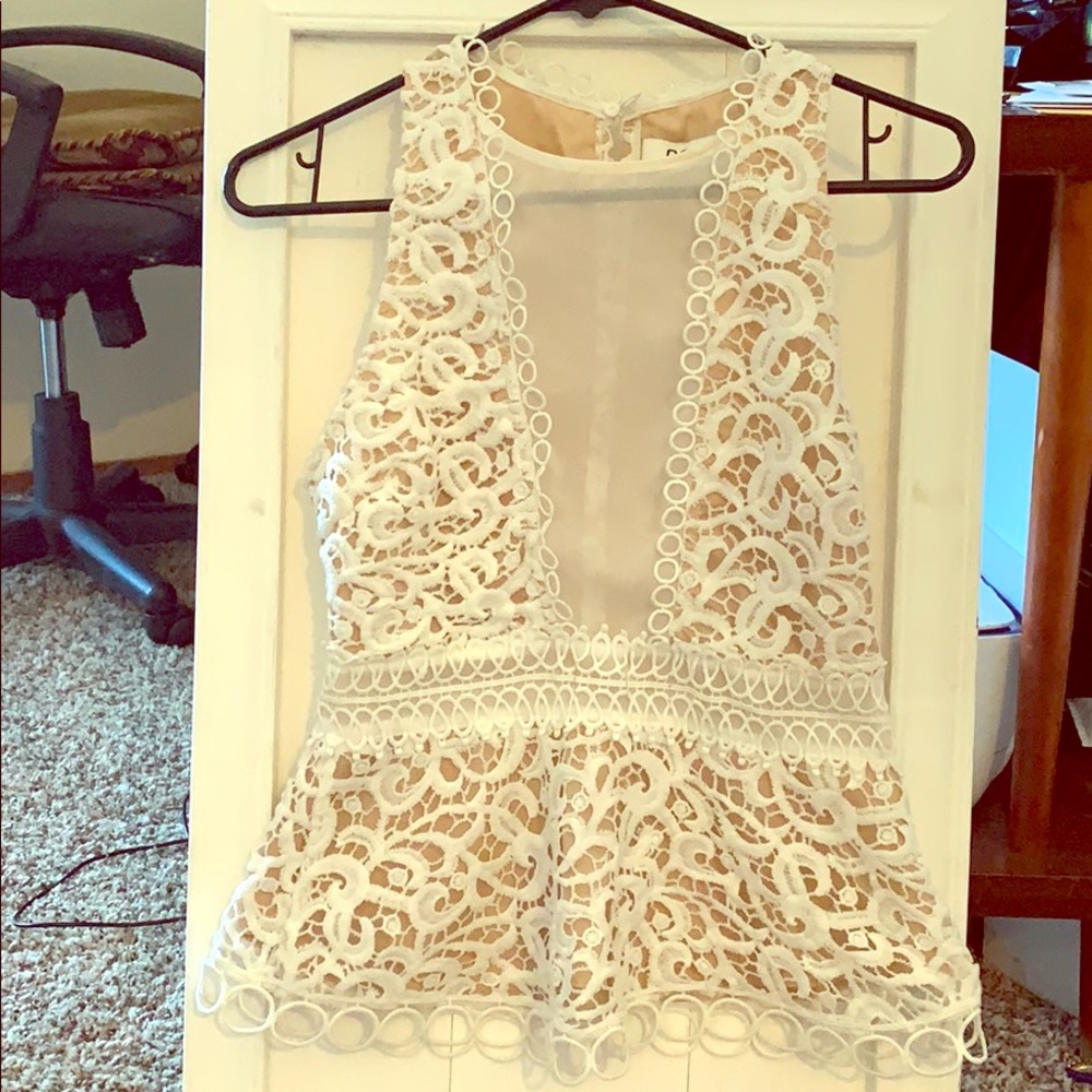 Lulu’s white lace with nude underlay w/sheer panel